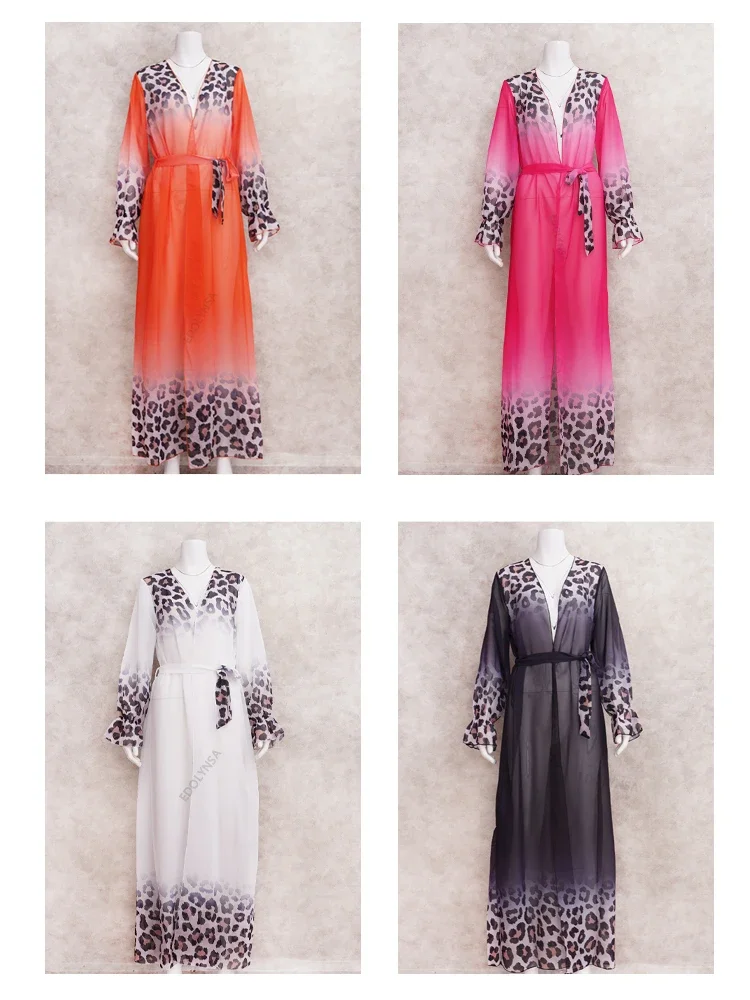 Coverup pantai motif macan tutul, gaun Maxi sifon lengan panjang ukuran besar kardigan Kimono depan terbuka pakaian tunik ringan A2705