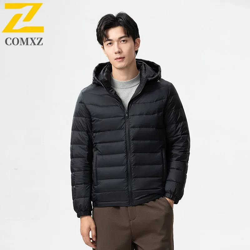 COMXZ Brand Luxury Men Down Coat Hooded Outdoor Working Super Light Parka Leisure Trekking Cozy Windproof Warmth Winter Jacket