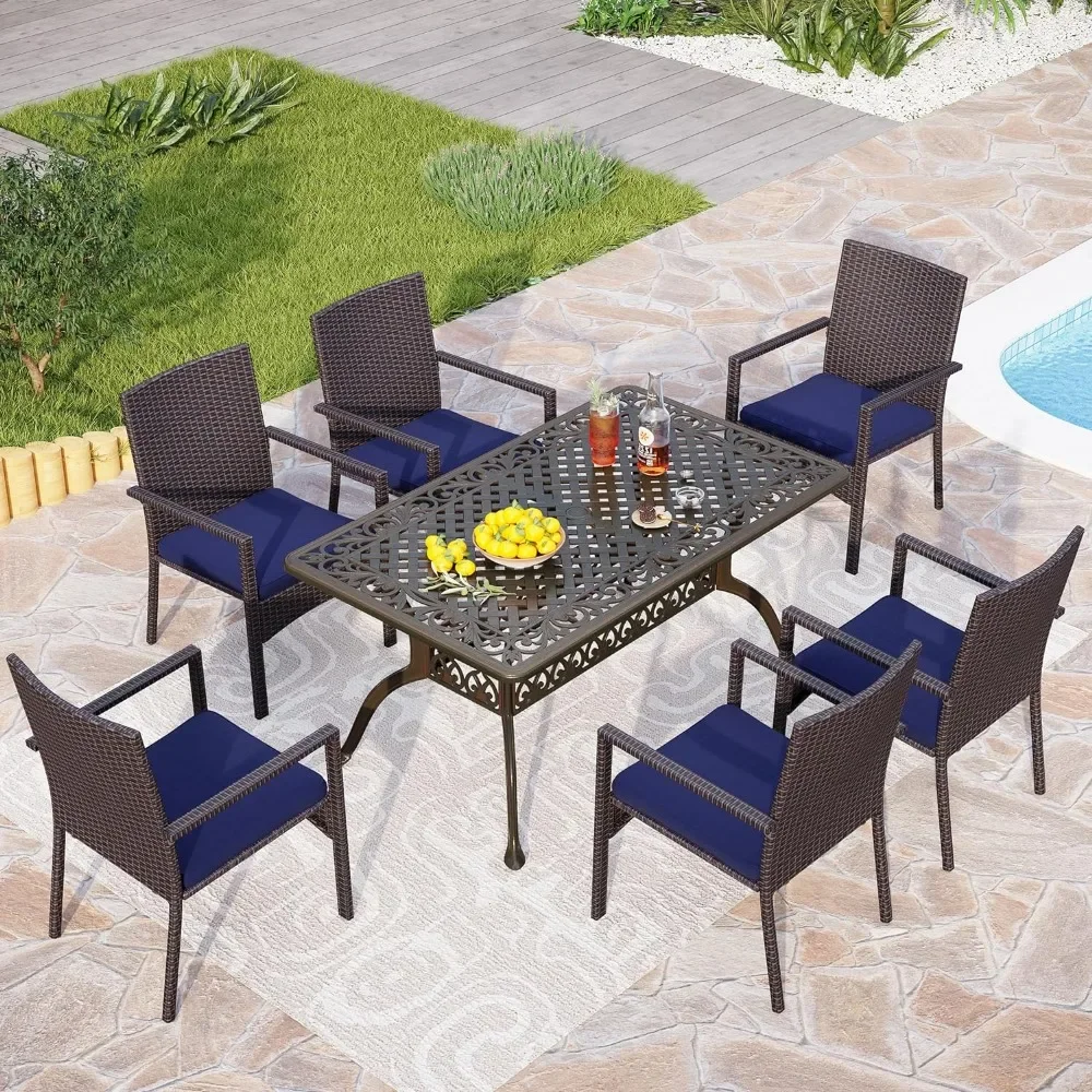 

Outdoor Dining Set for 6, Rectangular Aluminum Dining Table with Umbrella Hole & Wicker Rattan Chairs