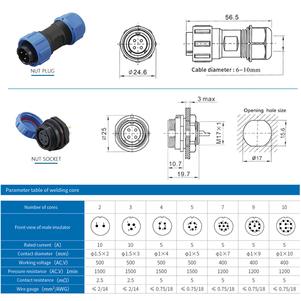 SP17-2/3/4/5/7/9/10 دبوس الطيران التوصيل المقبس IP68 موصل مقاوم للمياه ذكر أنثى عودة الجوز لحام نوع موصلات كابل سريعة
