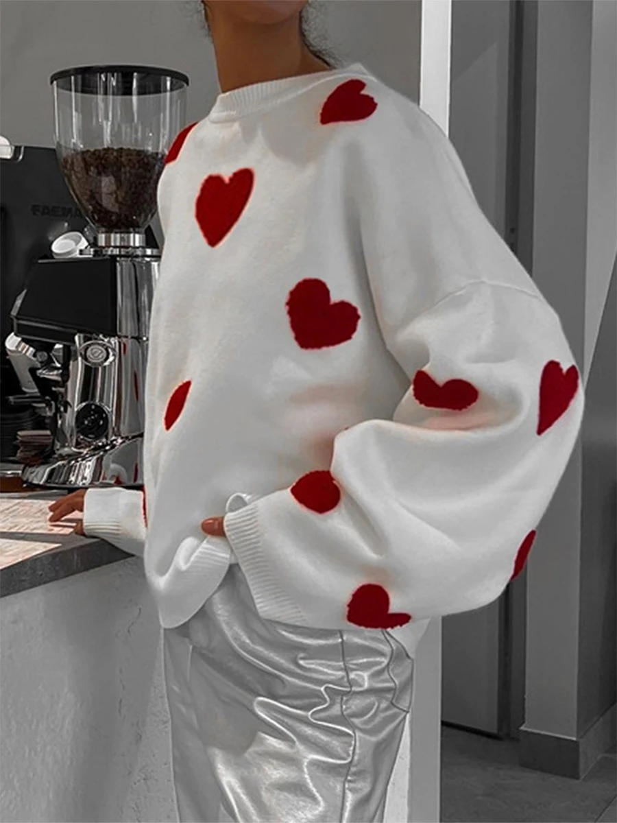 Women Heart Print Sweater Love Valentines Day Knitted Top Cute Graphic Long Sleeve Sweaters Pullover Tops