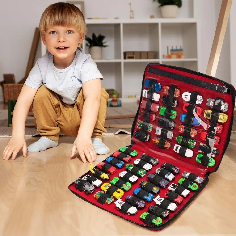 Double Sided Toy Vehicle Storage Pouch Clear Window 52 Compartments Diecast Car Display Bag Elastic Straps Strong Handle