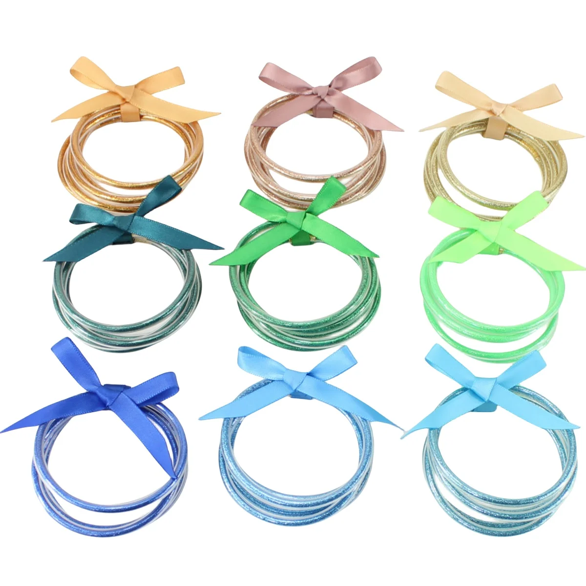 مجموعة أساور جيلي لامعة مكونة من 5 قطع من سوار السيليكون المملوء مع فيونكة، مناسبة للنساء، أفضل هدية #3