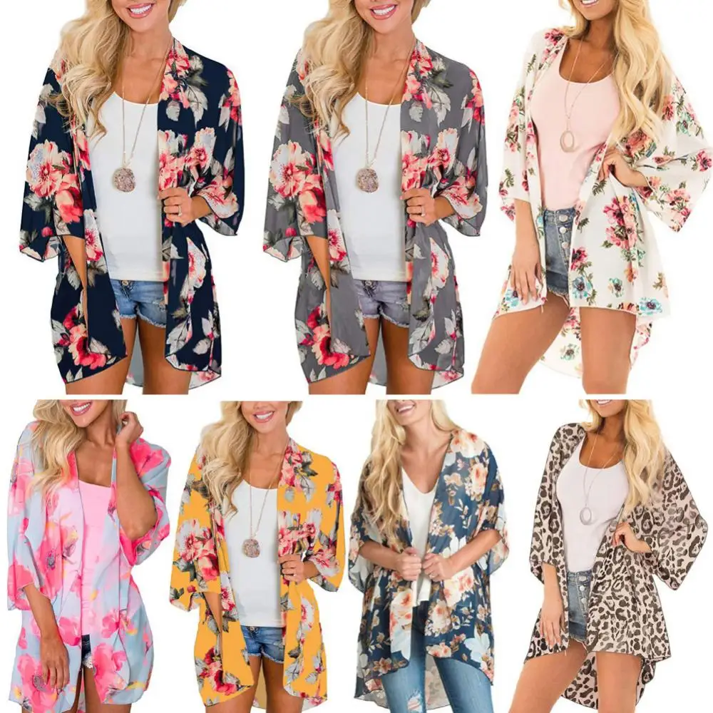 Women Floral Leopard Print Half Sleeve Shawl Chiffon Kimono Beach Cardigan Bikini Cover Up Wrap Beachwear Outdoor Anti-UV Coat