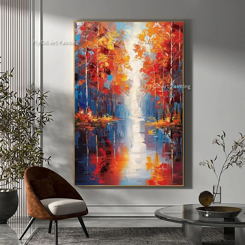 Hand Paint Orange Blue Black Abstract Modern City Landscape Thick Texture Oil Painting Home Decor Canvas Textured Wall Art