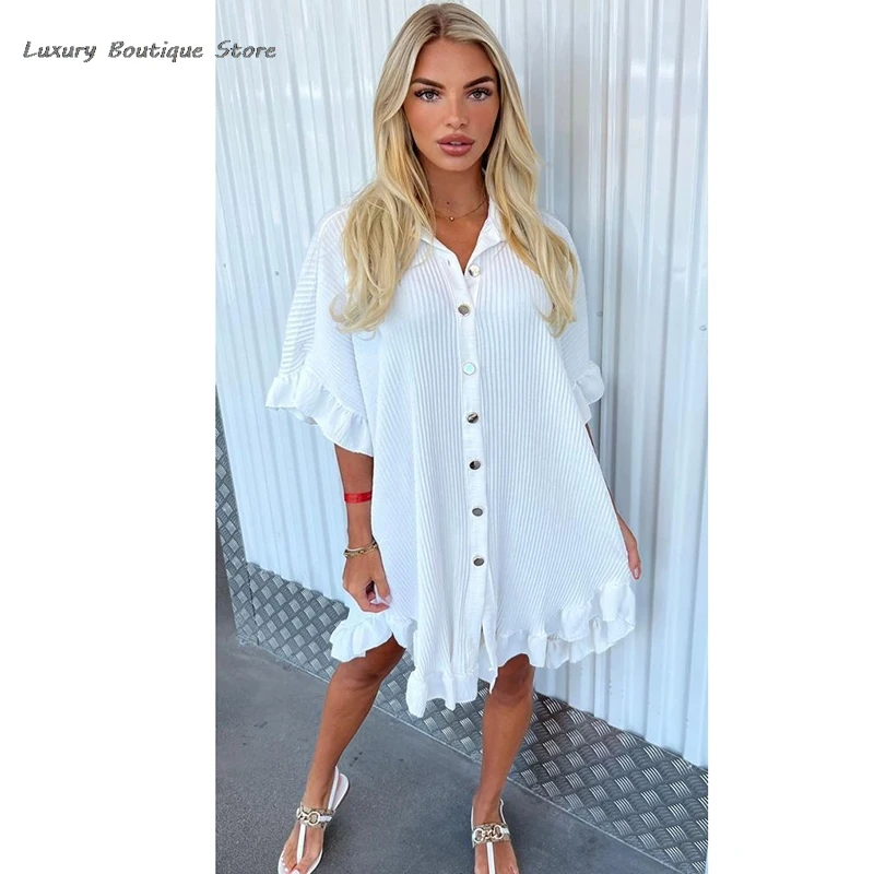 2024 New Ruffle A-line Casual Women Dress Short Sleeve Single Breasted Fashion Elegant Loose Pleat Short Summer Dress For Lady