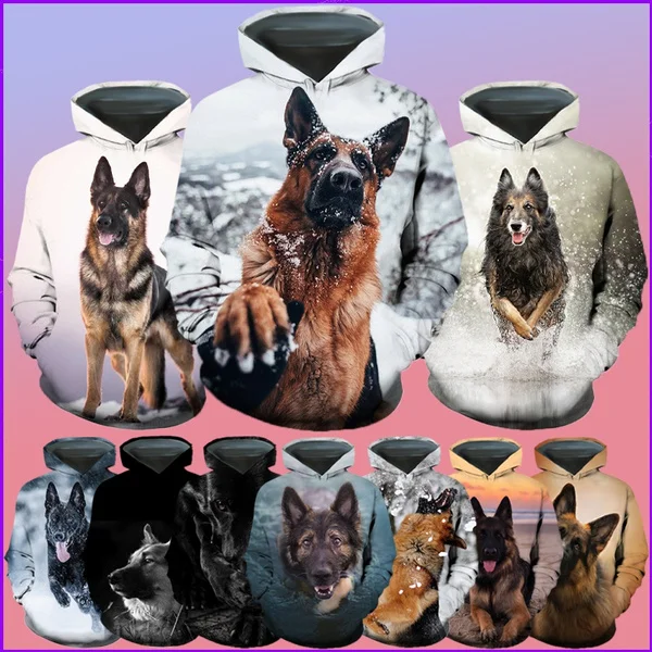 New Fashion Casual German Shepherd Animal Dog 3D Printing Men\'s Round Neck Hoodie Tops T-shirt Couple Hoodie