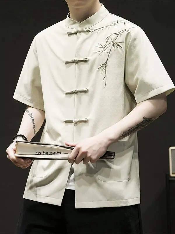 

Новая китайская мужская летняя повседневная одежда в стиле тан с вышивкой, на пуговицах, модная