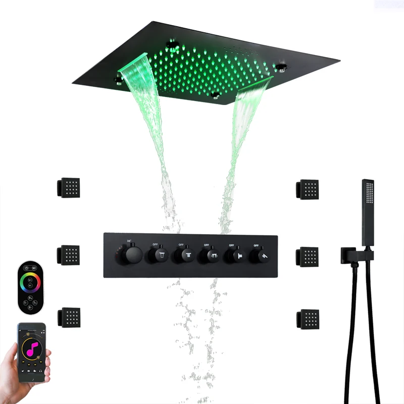 

20 Inch LED Music Ceiling Shower Head Rainfall Waterfall Mist Thermostatic Brass Body Bathroom Shower Faucet Set