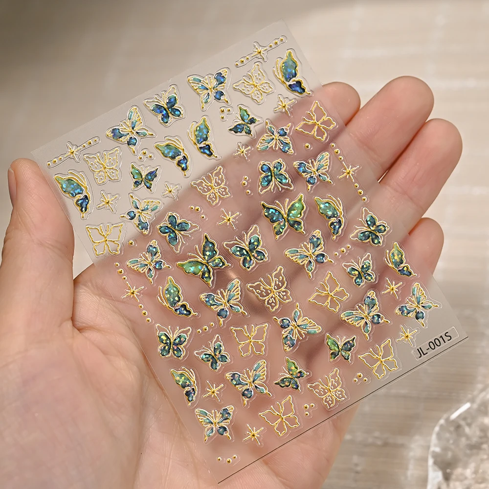 1 قطعة 5D الطاووس الأخضر هلام فراشة مسمار ملصقات الخط الذهبي الفراشات ذاتية اللصق مسمار الشارات الكورية مسمار الفن الديكور #6