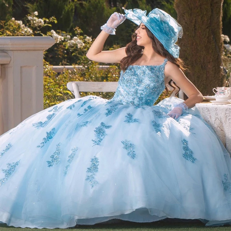 

Sky Blue Ball Gown One Shoulder Quinceanera Dresses Beads Appliques Princess Sweet 16 Dress Vestido De 15 Anos Lace-Up