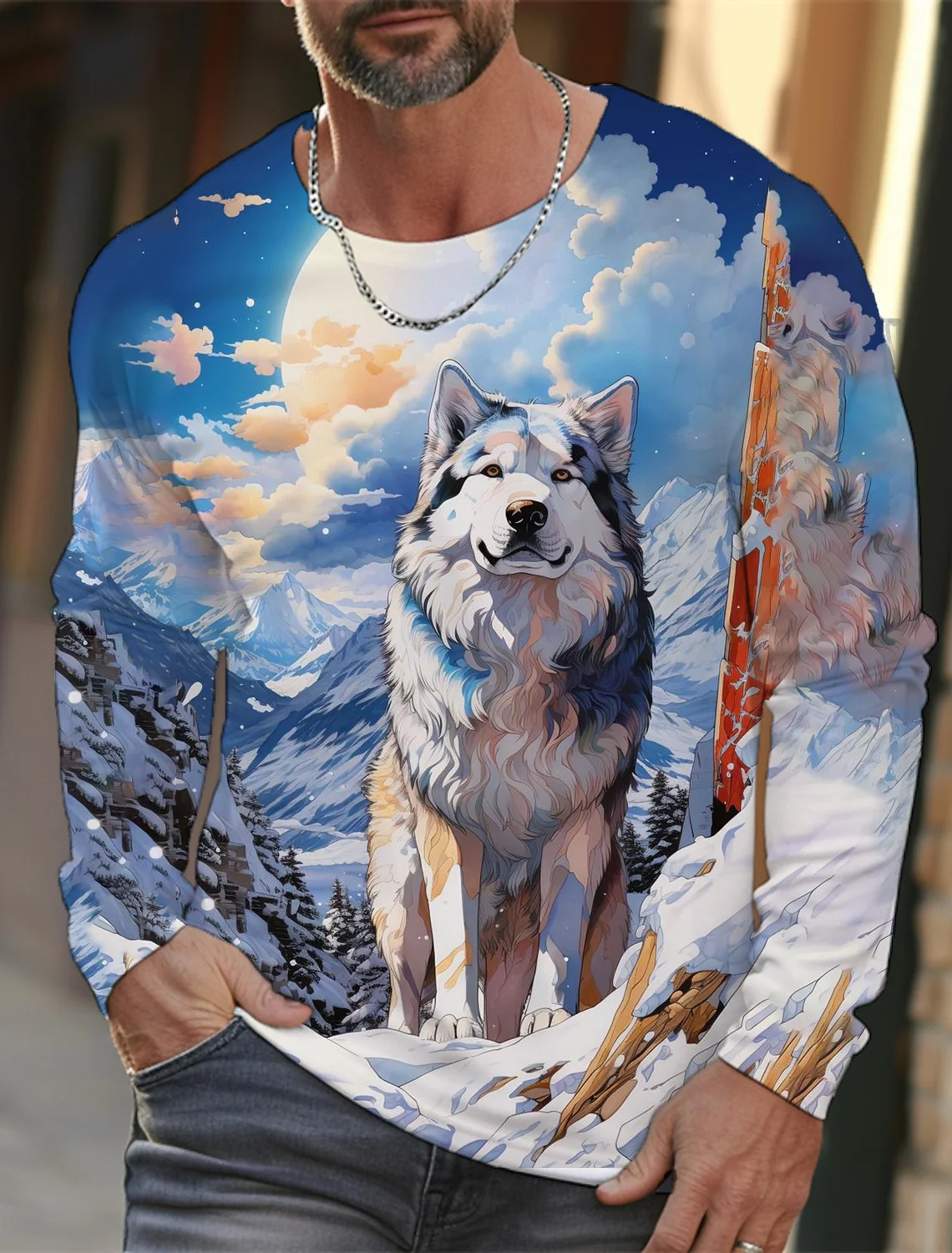 2024 New men's Ukiyoe long-sleeved T-shirt 3d Printed high-definition Wolf Print men's Autumn Top Casual Round Neck T-shirt