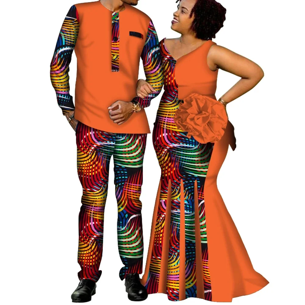 Casal africano combinando roupas para casamento feminino fino sereia vestido bazin riche masculino topo e calça define amante festa de casamento wear