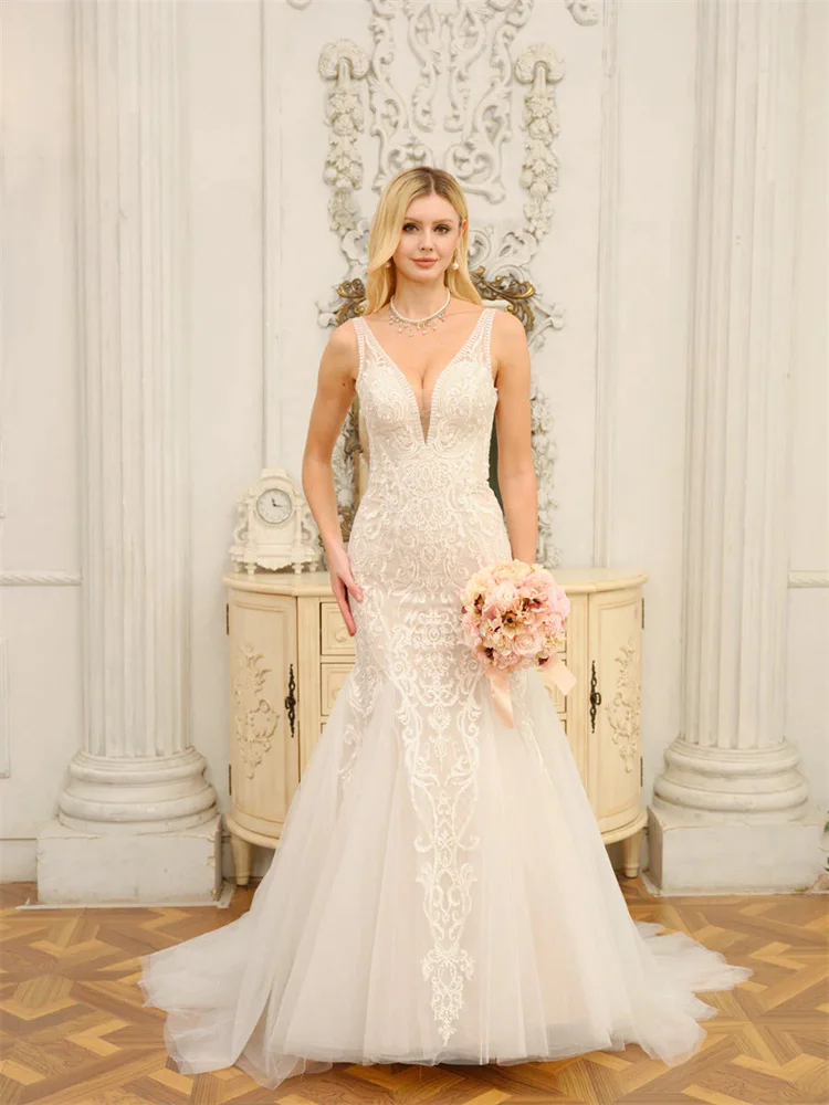 Mermaid/Trumpet Bridal Sweetheart Wedding Dress Sleeveless Princess Floor Length Lace Tulle Dresses for Women Wedding Party