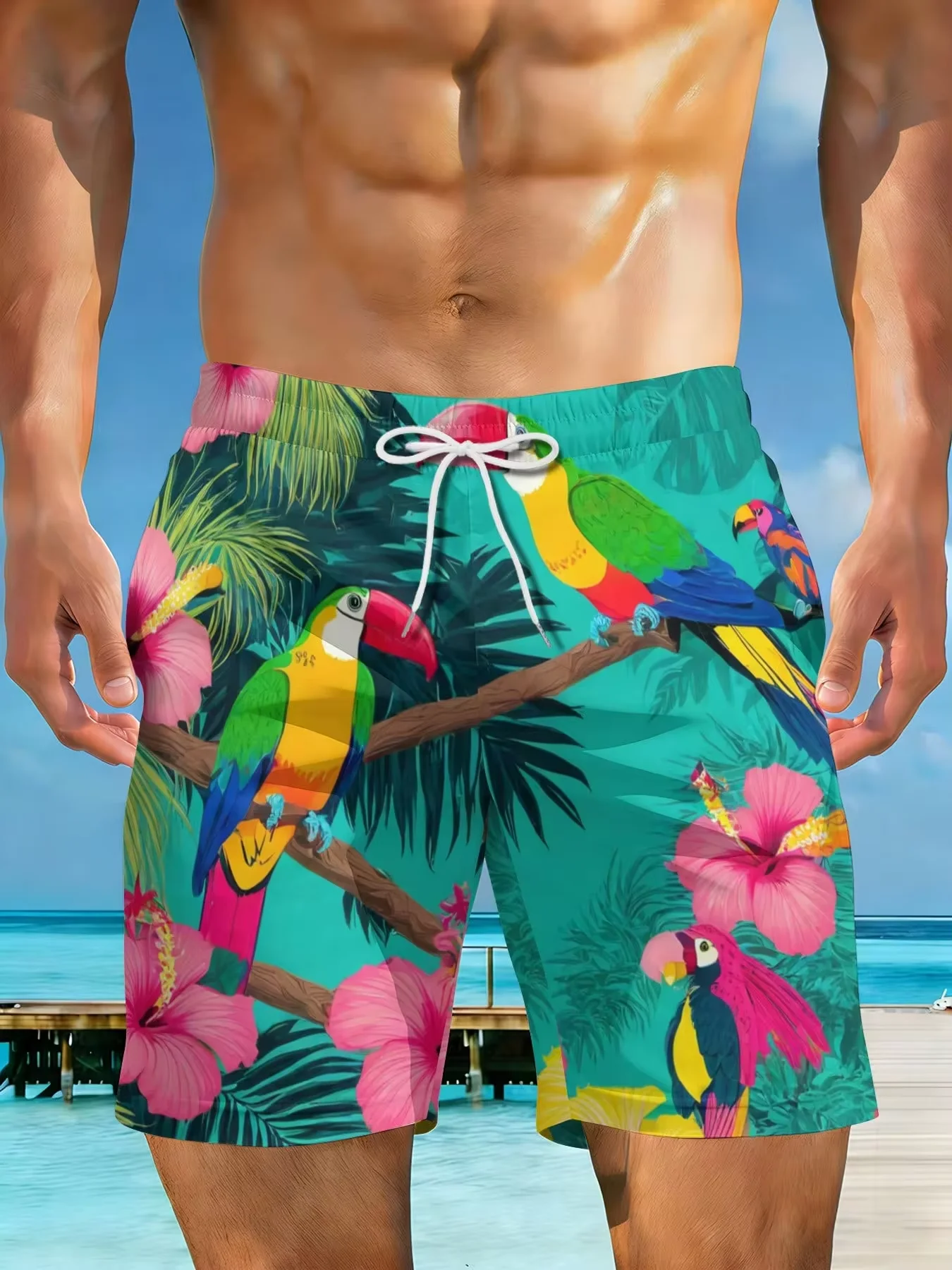 

2026 Summer New Styles Tropical Birds And Flowers Pattern Plus Size Men's Casual Beach Shorts Suitable For Summer Outings And Beach Vacations Surfing And Relaxation Activities