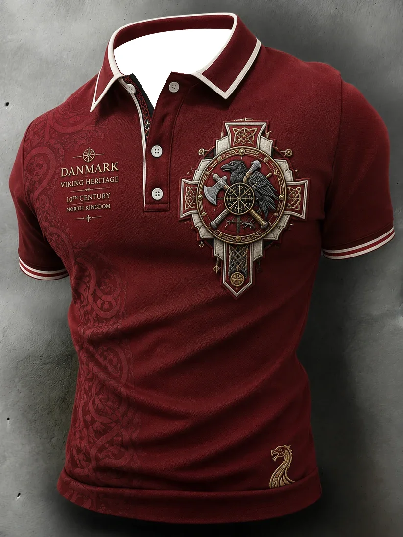 2027 Summer Best-selling Men's Retro Danish Viking Style 3D Printed Embroidery Breathable Quick-Drying Polo Shirt Couple's Top