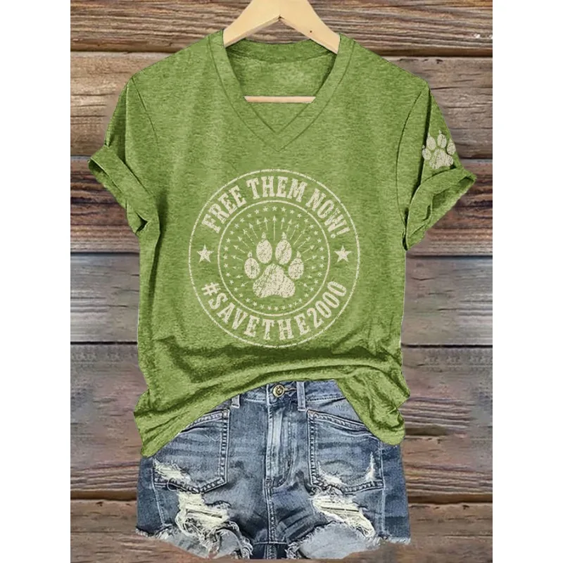 ilstile Women's Save The Beagles Dog Print T-Shirts Summer Short Sleeve Casual T Shirt V Neck Tops Tees Black White Blue t shirt
