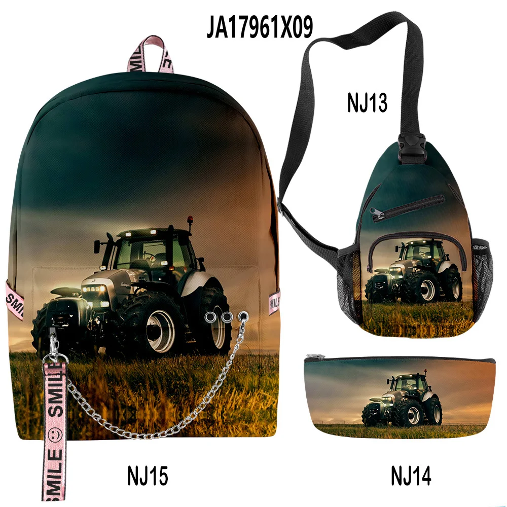 Harajuku Novelty Cool Tractor Pattern 3D Print 3pcs/Set School Bags multifunction Travel Backpack Chest Bag Pencil Case