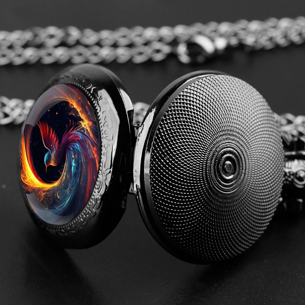 Colorful Bird Glass Dome Black Quartz Pocket Watch with Arabic Numerals Dial and Durable Chain Retro Gift for Men Women