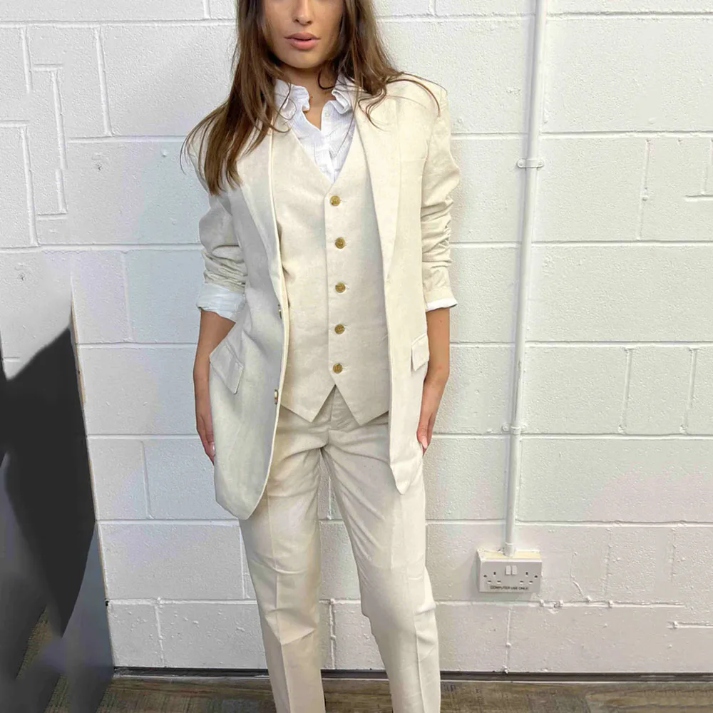 Cream Women 3 Piece Linen Suit Double Button Causal Slim fit Suit For Ladies Latest Business Suit With High Quality