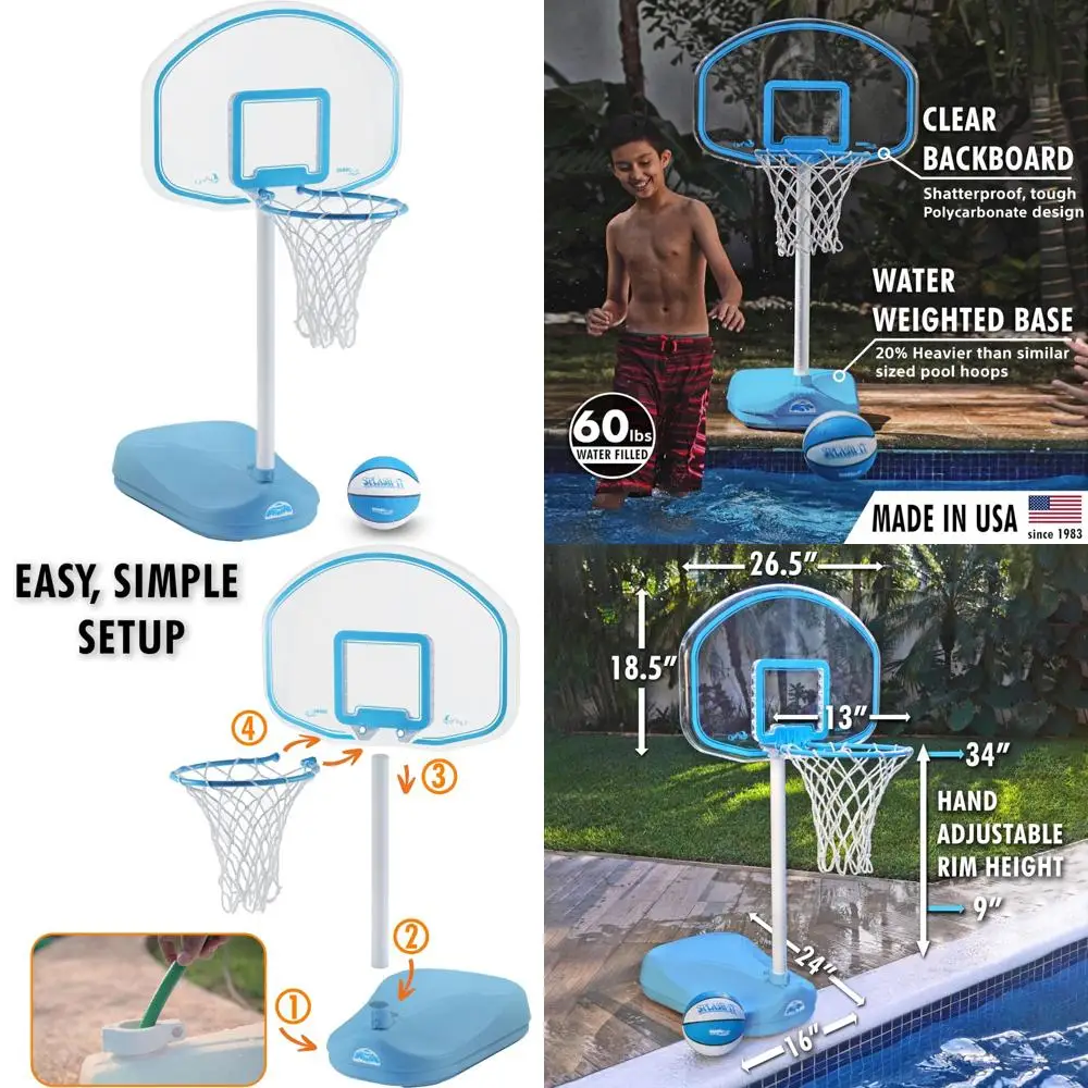 

Outdoor Adjustable Height Pool Basketball Hoop Game with Ball, Stainless Steel Rim, and C for Clear Shot