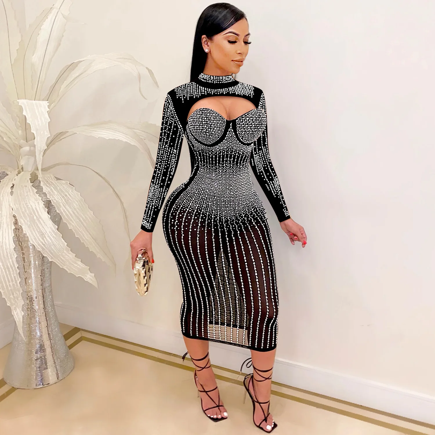 

2022 Women New Arrival Fashion Design Summer Diamonds Dress Solid O-neck Long Sleeve Sexy Celebrity Party Maxi Dresses Vestidos