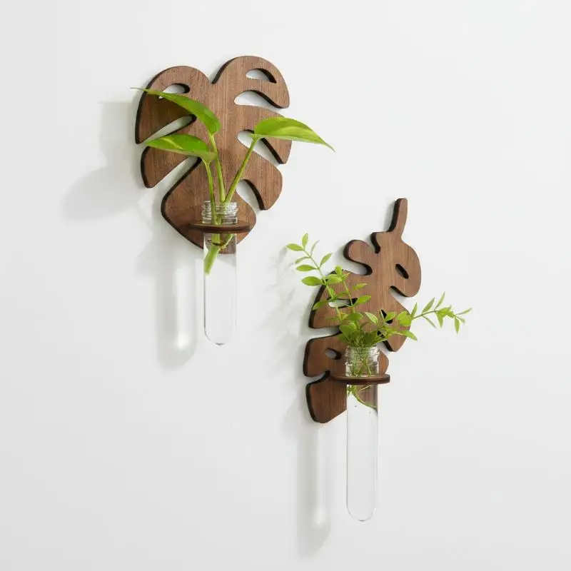 Wooden Monstera Wall Hanging Planter Innovative Hydroponic Test Tube Vase for Home Ambiance