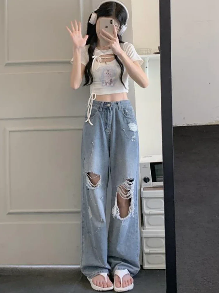 Jeans Women Hole Personality Summer Denim Trousers Korean Style Loose Ladies All-match Creativity Casual Fashion Wide Leg Simple