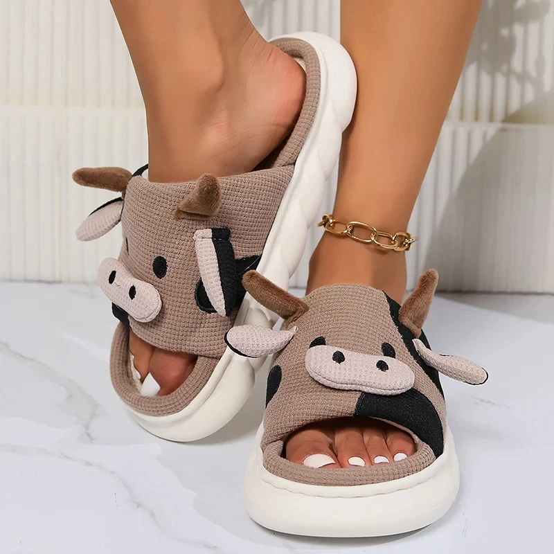 Casual Platform Slippers Women Home Cute Cow Cartoon Designer Shoes Girls 2024 Linen Fashion Chic Elegant House Slipper Big Size