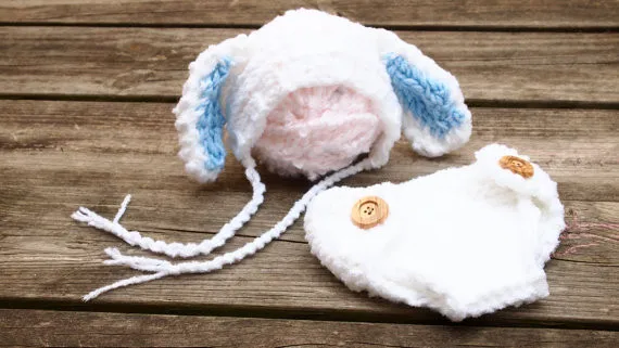 

Special clearance - Baby pure handmade crochet Furry rabbit hat with Matching Diaper Cover 2pcs/set Newborn Photo Prop 0-3Month