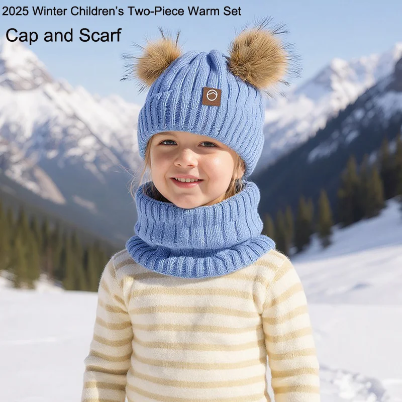 

2025 зимний комплект из двух предметов, детская вязаная шапка-бини, плюшевый толстый теплый шарф на шею, комплект для игр на открытом воздухе для холодной погоды