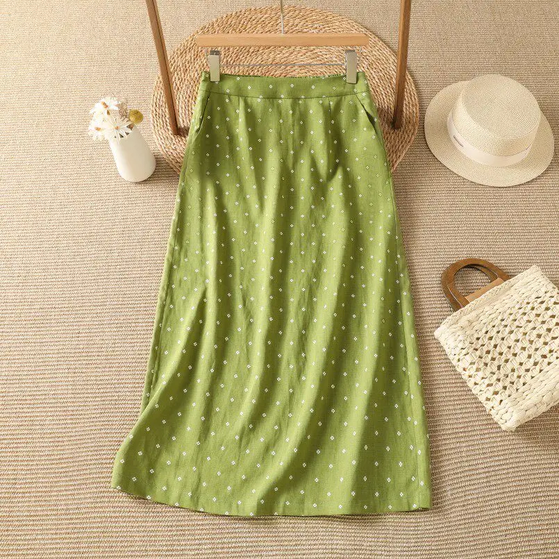 Green Floral Print Split Midi Skirt Women Elastic High Waist 100% Cotton A-Line Long Skirt With Pocket Beautiful Thin Skirt