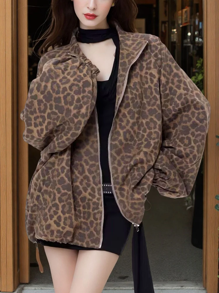 Autumn Women's Long Sleeve Casual Style Polyester Material 2025 New Fashion Collar Leopard Pattern Medium Length Coat
