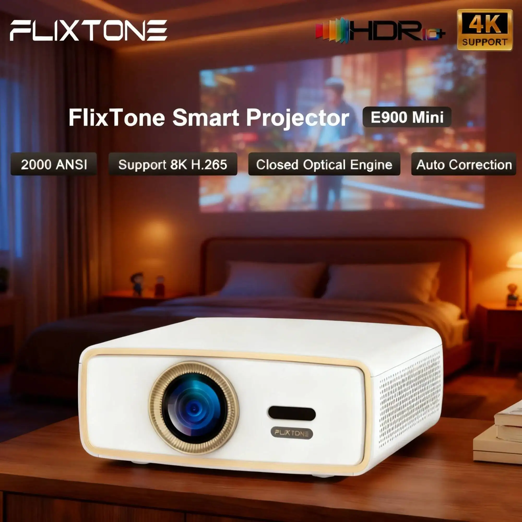 Flixtone E900 MINI Youth movie Projector Supports 4K HDR10 Wi-Fi 6 LED Video projectors 2GB + 32GB Android smart home theater