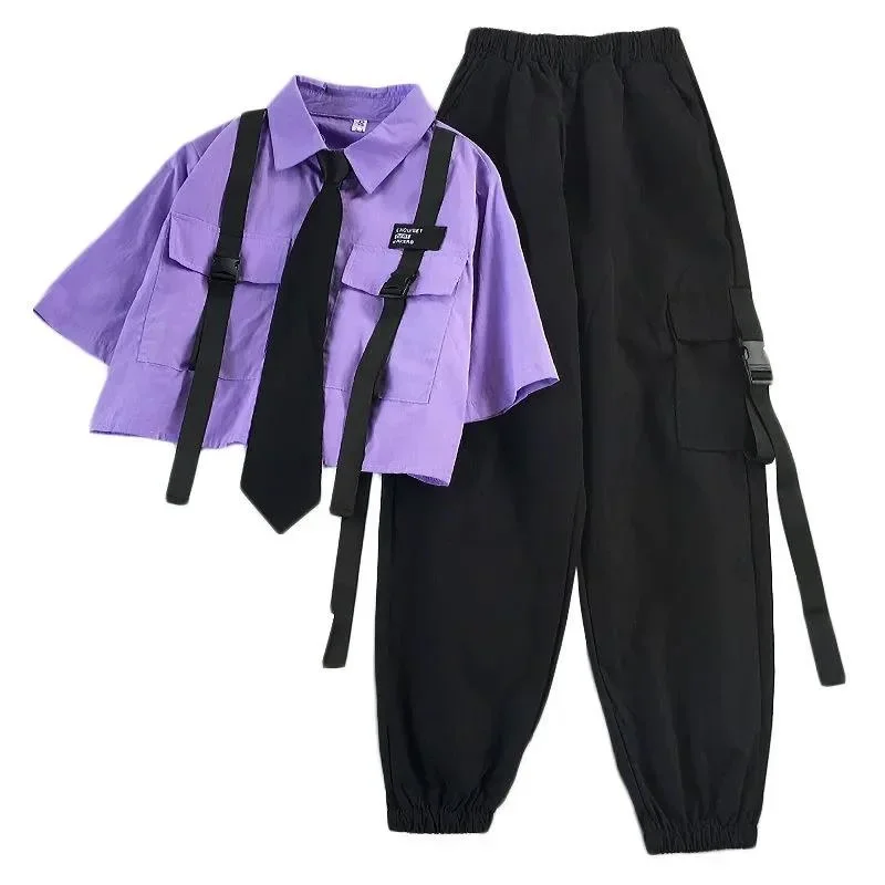 2024 Autumn Streetwear Pants High-Waist Straight Ribbon Cargo Pants Student Loose Short-Sleeved Shirt with Tie two-piece Set