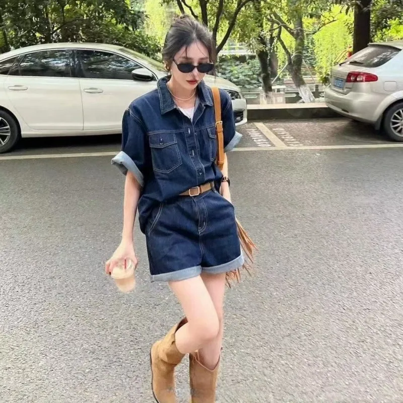 

Женский джинсовый комбинезон Slim Fit: модные шорты с высокой талией, прямые штанины, весенний сезонный комплект из тонкой ткани