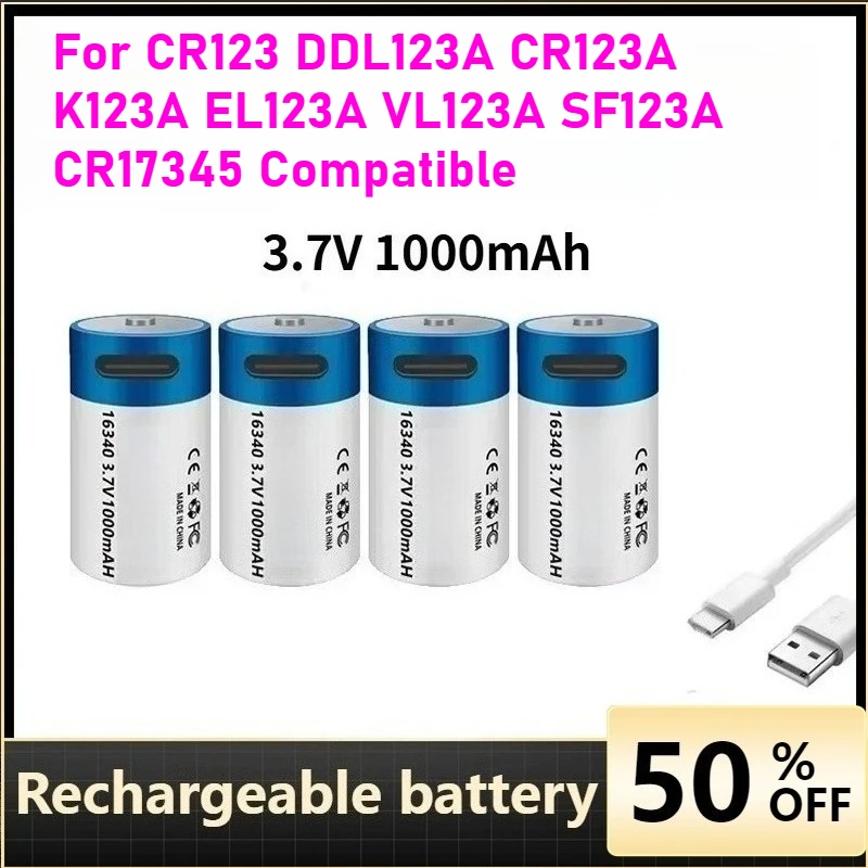 

3.7V 1000mAh 16340 Lithium Battery Fast Charging with USB Charger for CR123 DDL123A CR123A K123A EL123A VL123A SF123A CR17345