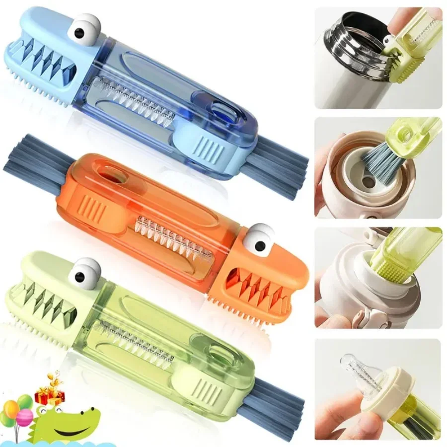 

2pcs Same Color 3-in-1 Crocodile Multifunctional Cleaning Brush Set, Bottle & Cup Lid Gap Cleaner for Kitchen