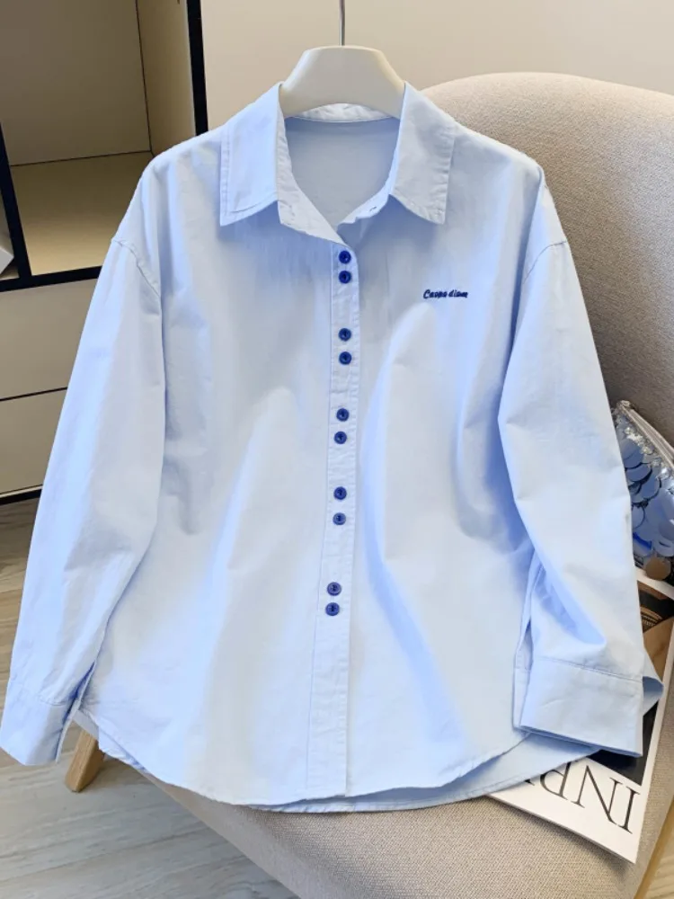 

Синий женский кардиган из чистого хлопка, весна 2026, свободный крой, удлиненный, модный, стройнящий, оригинальный дизайн, с воротником