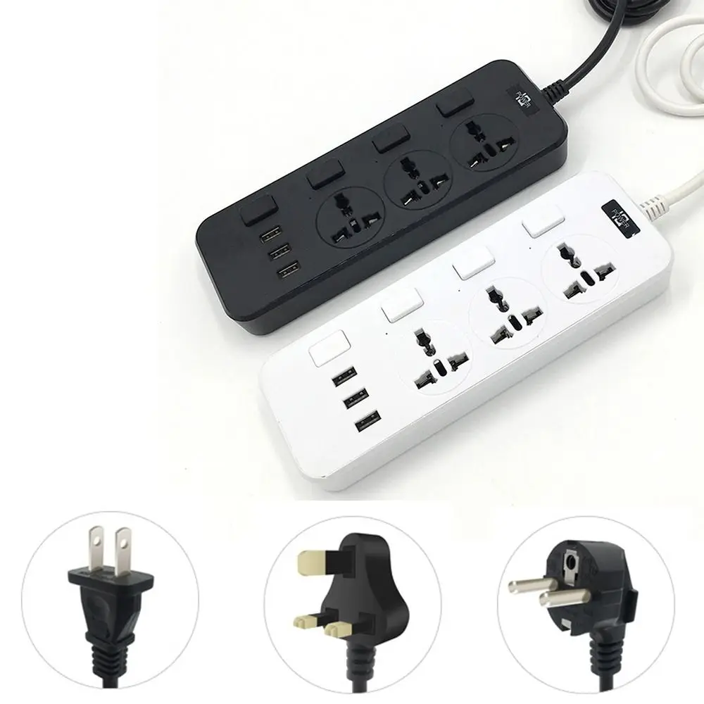

Universal Electric Plug Socket US UK EU Plug 2500W Power Strips 3 Outlet Overload Protection Flat Outlet Extender Cord Dorm