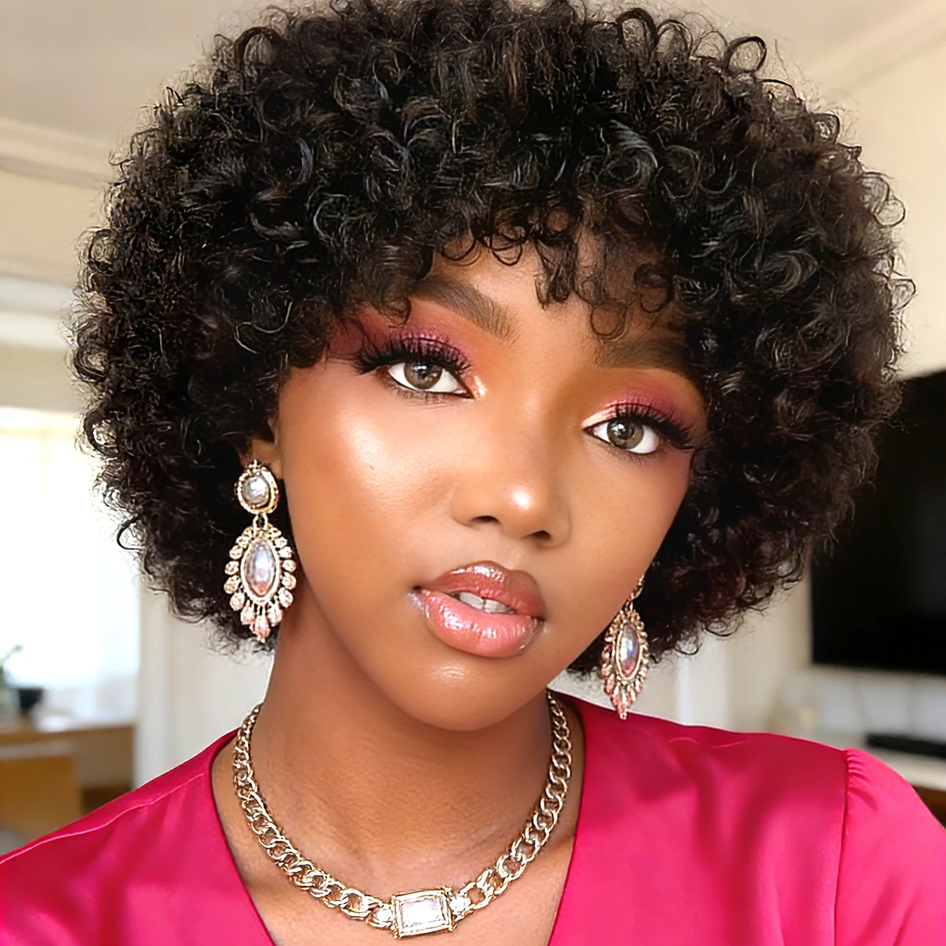 

Human Hair Pixie Cut Wigs Afro Kinky Curly Full Machine Made Wig For Women Natural Color