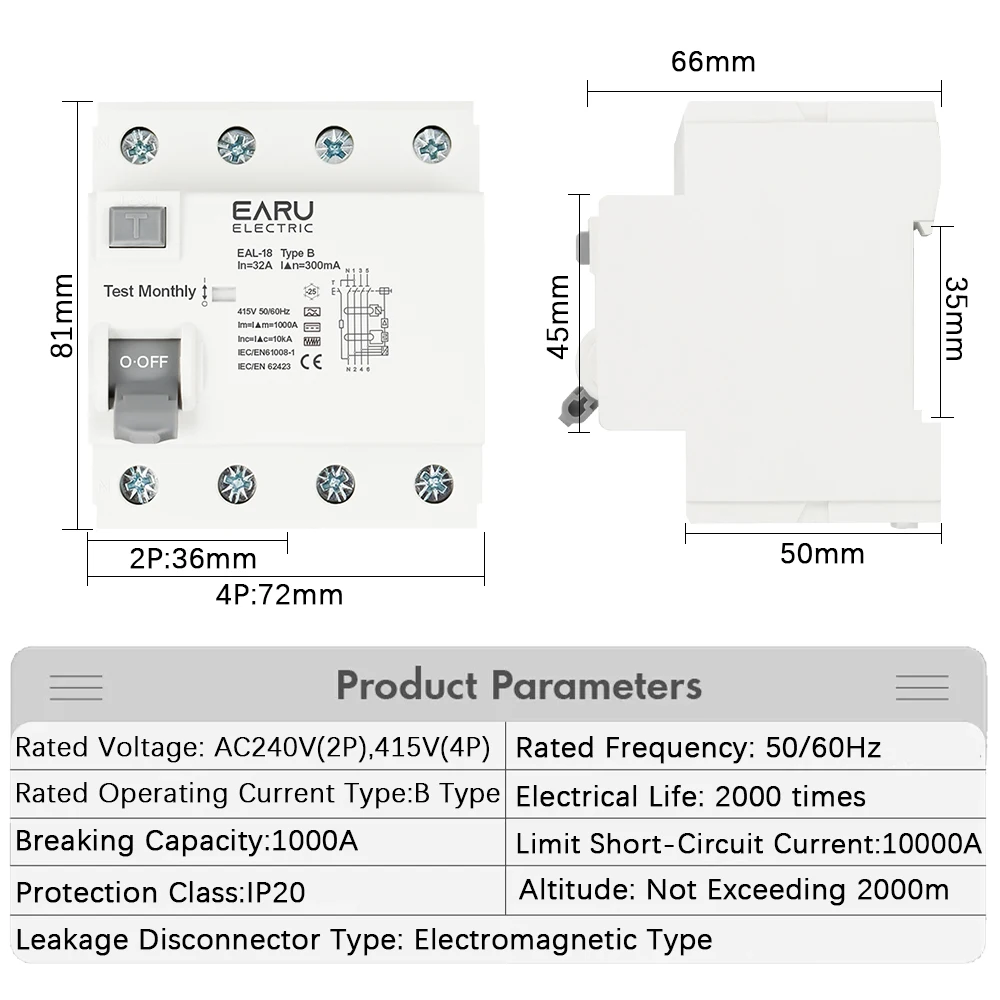 2P/4P 10/30/100/300mA Electric Vehicle EV Charging Pile Residual Current Breaker DC RCCB RCD Type B 6KA Din Rail Earth Leakage