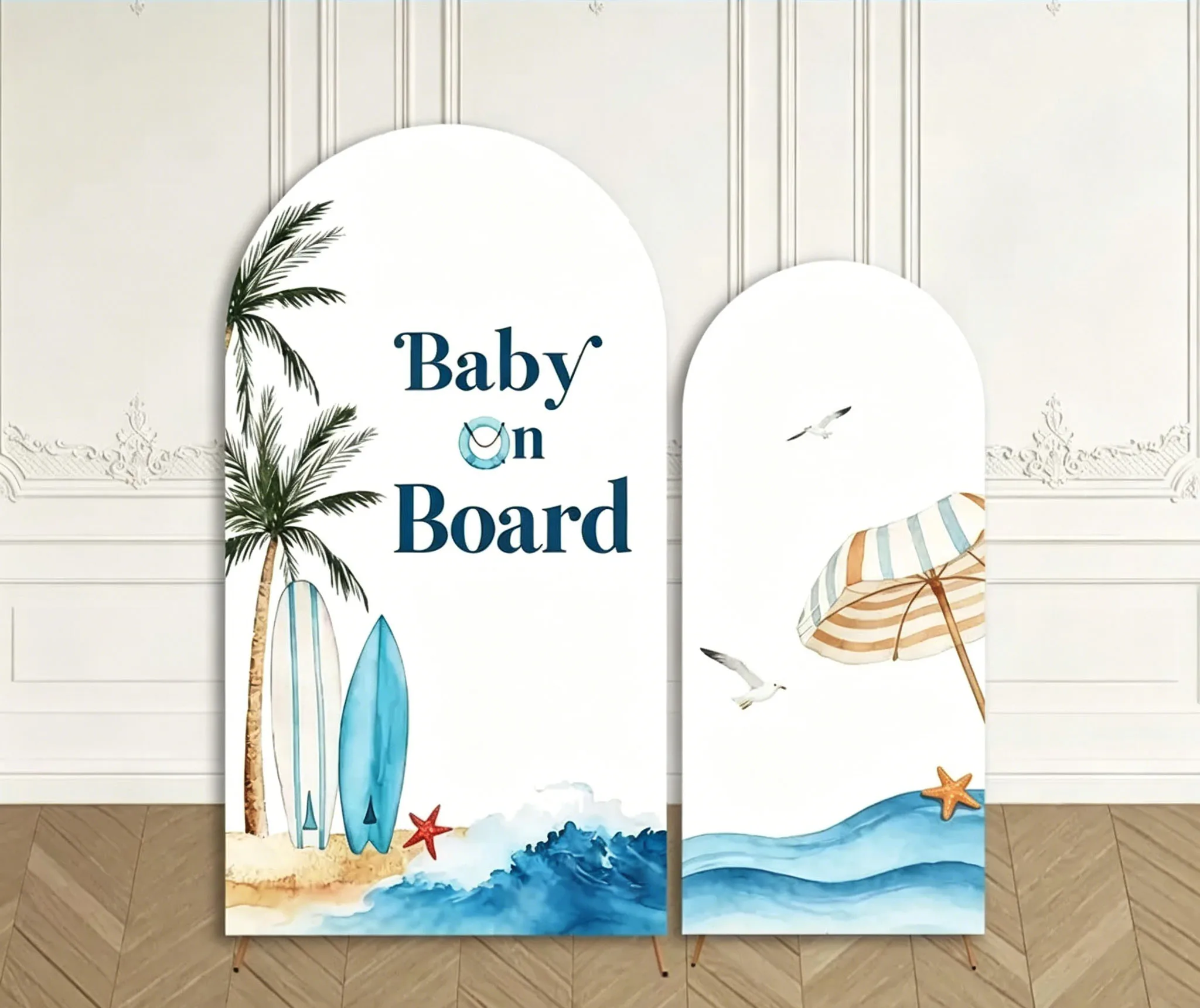 Custom 2-Side Baby on Board Baby Shower Backdrop Arch Cover Seagull Starfish Waves Boy Beach Party Birthday Party Decor Backdrop