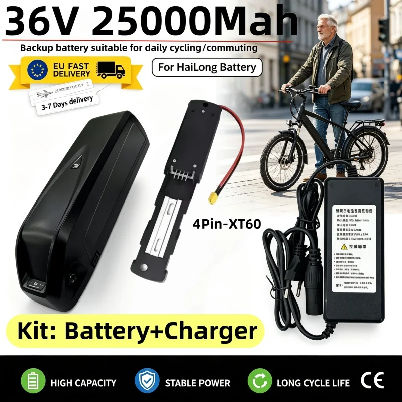 36V 25Ah HaiLong E-Bike-Akku, 4-poliger Li-Ion-Ersatzakku mit Ladegerät und Montagehalterung, eingebauter BMS E-Bike-Akku, EU-Lager, Lieferung in 3-7 Tagen