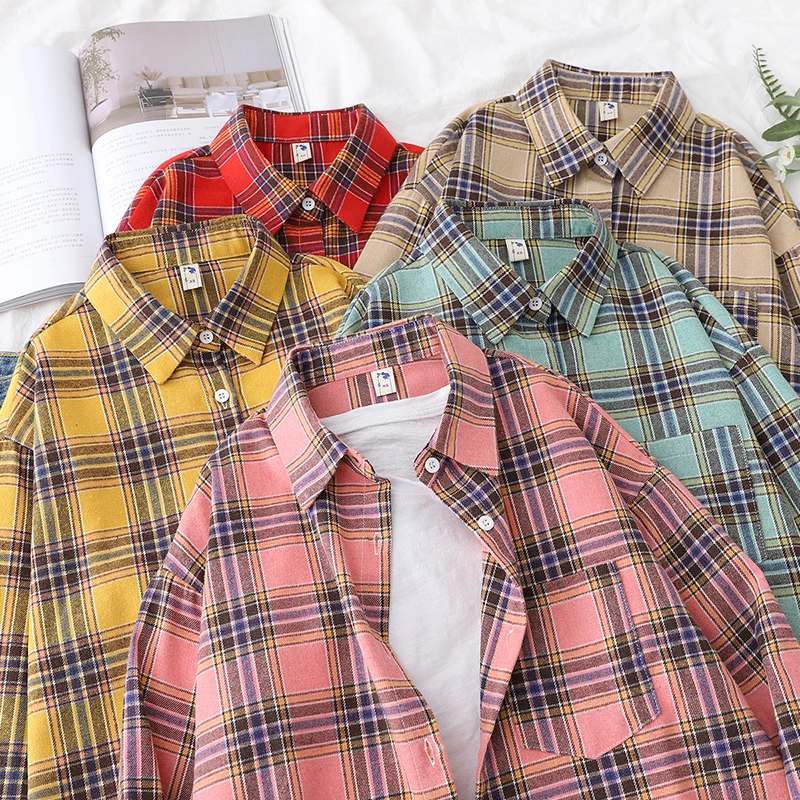 Women\'s Flannel Plaid Shirt 2024 New Casual Female Long Sleeve Shirts & Blouses Ladies Loose Cotton Red Checked Tops Clothes