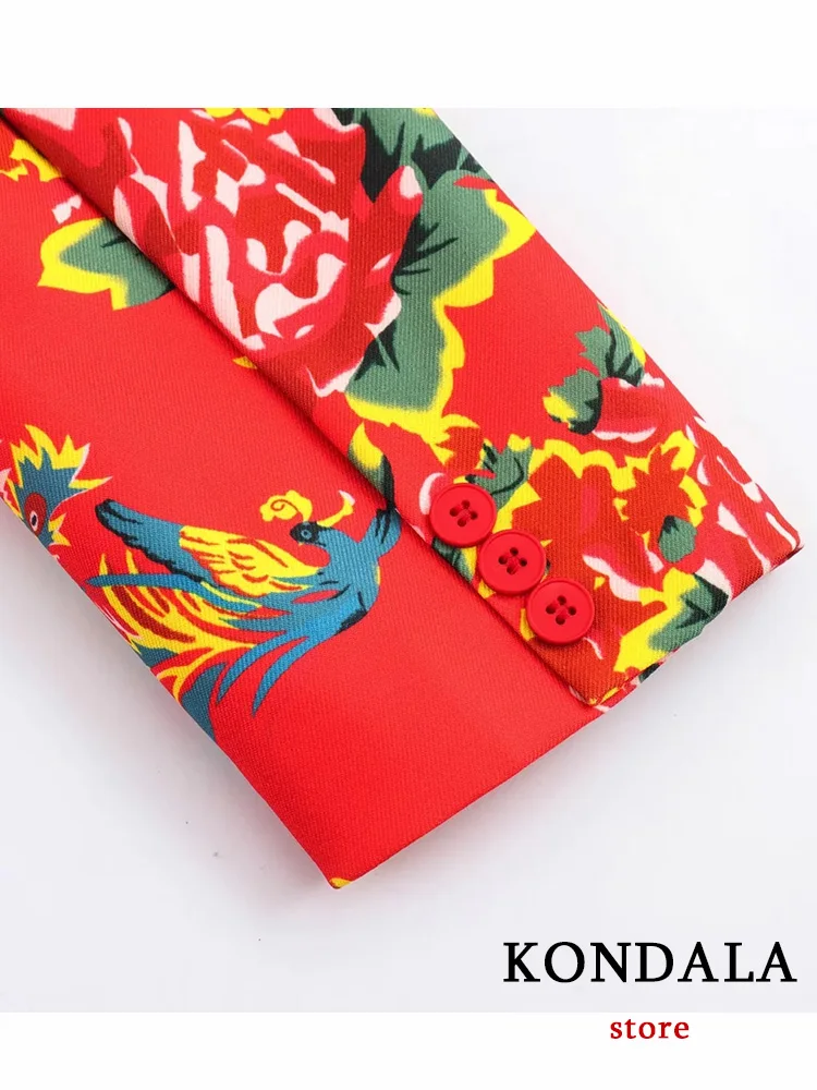 KONDALA Vintage Red Flower Print Women Suit V Neck Pockets Blazer Straight Loose Pants New Fashion 2024 Vintage Female Suits