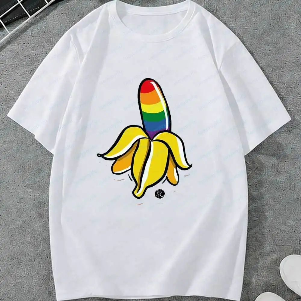LGBT Rainbow Banana Cartoon Tshirt Funny Pride Graphic Cotton Top Unique LGBTQ+ Support Gift for Men Women Cute Streetwear Style
