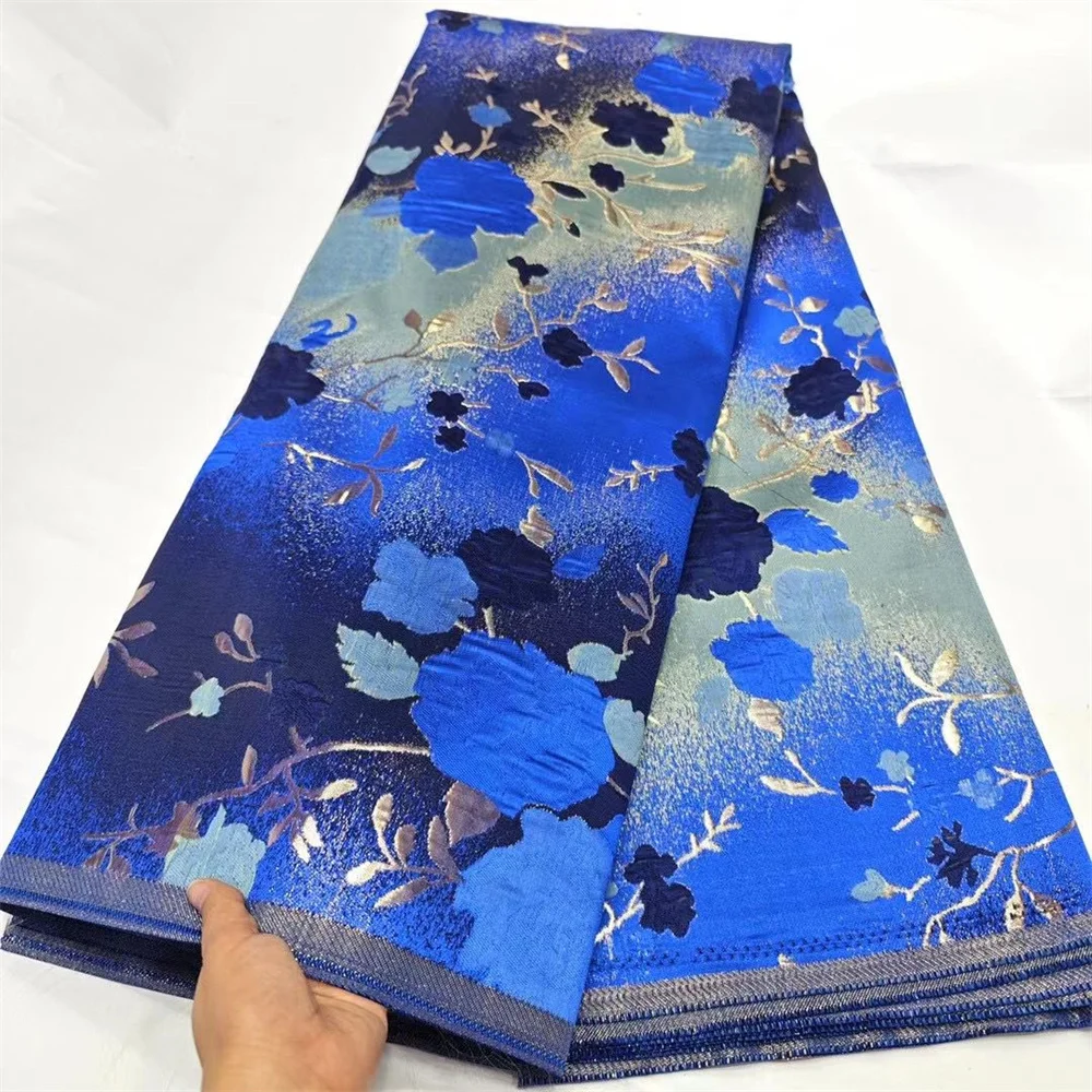 

Blue African Jacquard Brocade Fabric High Quality Nigerian Floral Damask Gilding Lace Dress Material Brocard Tissu 5Yard DB12