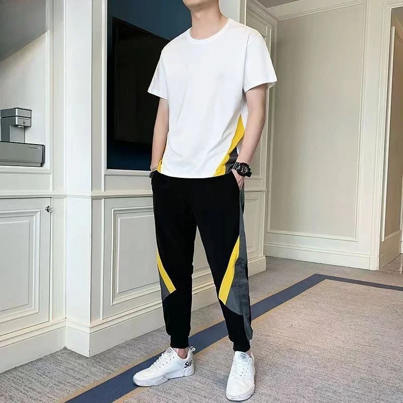 

Cotton Men's Pants Set Two Piece Korean Style 2025 Elastic Novelty in Fashion Man New Matching Basic Male T Shirt Trousers Sets