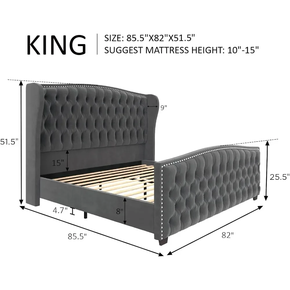 King Size Platform Bed Frame, Velvet Upholstered Bed with Deep Button Tufted & Nailhead Trim Wingback Headboard